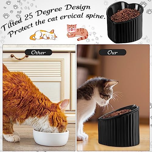 Mumufy 2 Pcs Ceramic Elevated Cat Bowls Tilted Elevated Raised Pet Bowls Anti Vomit Cat Dish for Indoor Stress Free Water Dish Feeder for Puppies, Heart Shaped(Pearly White, Black) - Image 3