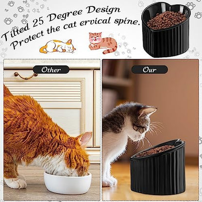 Mumufy 2 Pcs Ceramic Elevated Cat Bowls Tilted Elevated Raised Pet Bowls Anti Vomit Cat Dish for Indoor Stress Free Water Dish Feeder for Puppies, Heart Shaped(Pearly White, Black) - Image 3