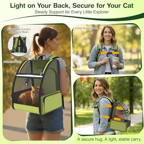 Cat Backpack Carrier for Travel Hiking: Expandable Foldable Breathable Mesh Soft Sided Ergonomic Design Small Dog Puppy Kitty up to 15lbs Camping Outdoor Green - Image 5