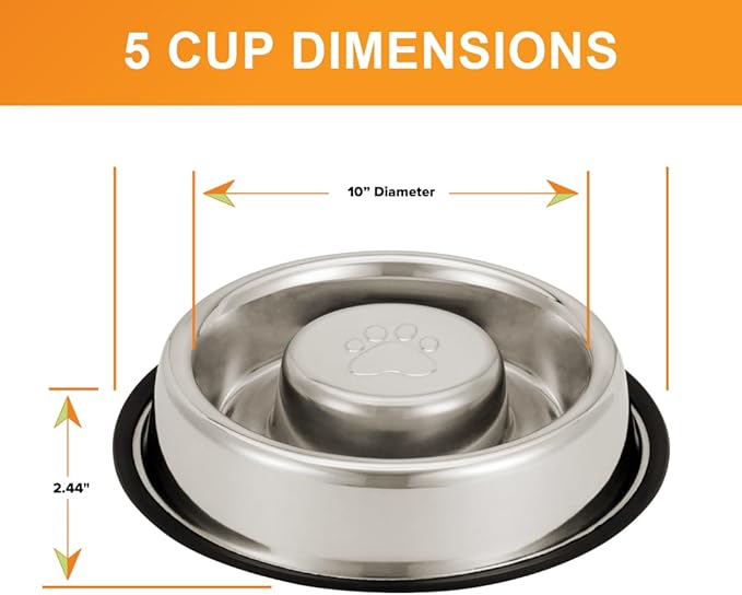 Neater Pet Brands Stainless Steel Slow Feed Bowl - Non-Tip & Non-Skid - Stops Dog Food Gulping, Bloat, Indigestion, and Rapid Eating (5 Cup)