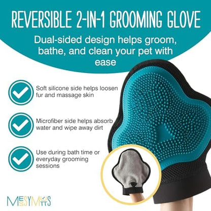 Messy Mutts Reversible Silicone Dog Grooming Glove, Hair Remover, Blue - Image 2