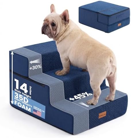 Gardner Pet Dog Stairs for Small Dogs 14" H, 3-Step Extra Wide Dog Steps for Bed, Pet Stairs for Bed and Couch with Durable Non-Slip Waterproof Fabric Cover and Soft Foam, Navy by GardnerPet