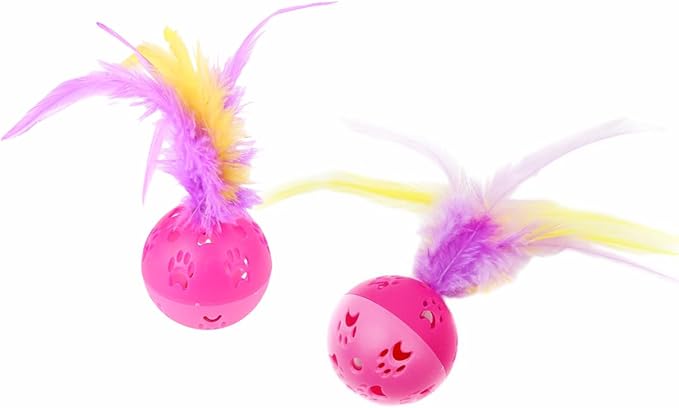 BeeSpring Cat Balls Interactive Cat Toy Feather Balls with Loud Bell Inside (2Pcs Red)
