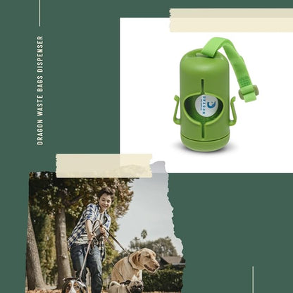DRAGON Waste Bags Durable Dispenser, Dog poop bags holder with Two Hooks on the side for Used Poop Bags, leash attachment strap and 15 Poop Bags (Green)