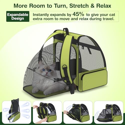 Cat Backpack Carrier for Travel Hiking: Expandable Foldable Breathable Mesh Soft Sided Ergonomic Design Small Dog Puppy Kitty up to 15lbs Camping Outdoor Green - Image 3