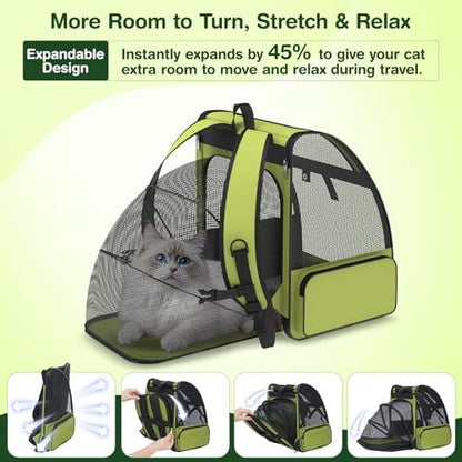 Cat Backpack Carrier for Travel Hiking: Expandable Foldable Breathable Mesh Soft Sided Ergonomic Design Small Dog Puppy Kitty up to 15lbs Camping Outdoor Green - Image 3