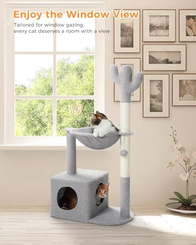 MUTTROS Cactus Cat Tree Cat Scratching Post 40" Cat Tower with Large Metal Carpet Hammock, Cat Scratching Post for Indoor Cats with Condo& Dangling Ball, Grey - Image 3