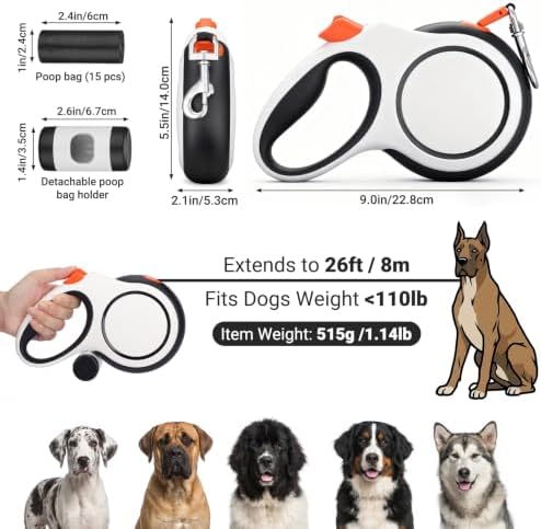 Segarty 26 Ft Walking Lead for Dogs 66 lbs - 110 lbs, 360°Tangle-Free 8m Retractable Long Leash with Detachable Poop Bag Holder for Pets Walk Outside, Anti-Slip Handle and One-Handed Brake Pause Lock - Image 2