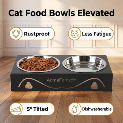 All-Metal Cat Food Bowl Raised, 5.5" WideTilted Whisker-Fatigue Pet Dish, Anti-Vomiting, 2 Stainless Steel Bowls for Food Water, Non-Slip Elevated Cat Feeding Stand for Indoor Multi Cats,Puppy, Black - Image 2