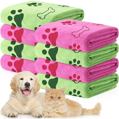 8 Pcs Dog Towel for Drying, 40 x 24 Inch, Dog Paw and Bone, Pink,Green by Chumia