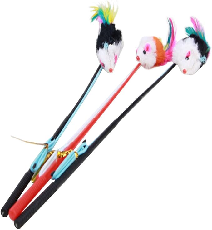 Giveme5 3pcs Funny Pet Feather False Mouse with Plastic Stick 31cm and Small Bell Cat Kitten Playing Scratch Toy (Color Random)