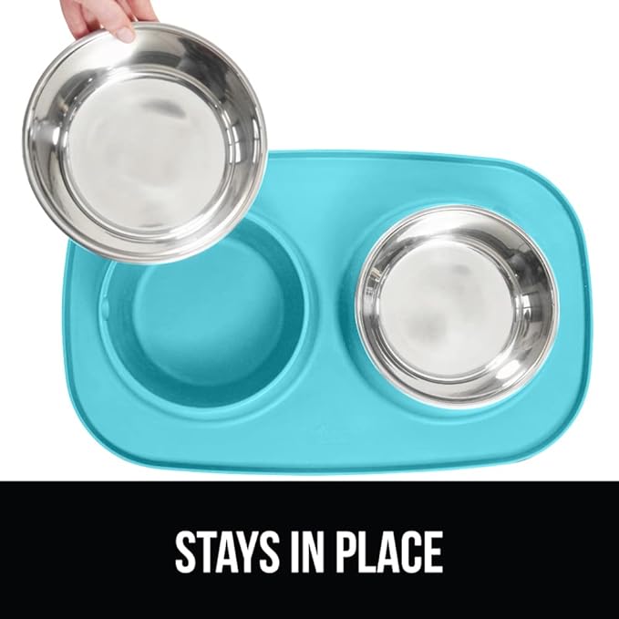 GORILLA GRIP Feeding Mat Bowl Set, 100% Waterproof BPA Free Silicone, 304 Stainless Steel Cat and Dog Bowls for Food and Water, Slip Resistant, High Edge, US Designed, Patent Pending, 1 Cup Turquoise