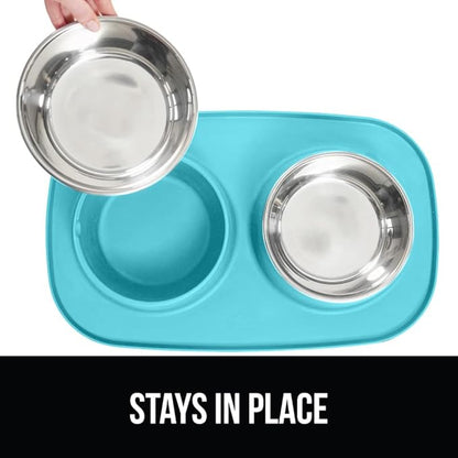 GORILLA GRIP Feeding Mat Bowl Set, 4 Cup 100% Waterproof BPA Free Silicone, 304 Stainless Steel Cat and Dog Bowls for Food and Water, Slip Resistant, High Edge, US Designed, Patent Pending, Turquoise