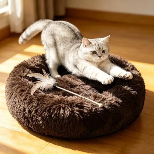 Cat Beds for Indoor Cats - Cat Bed Washable 20/24 inches, Dog Beds for Small Medium Dogs, Anti Anxiety Round Fluffy Plush Faux Fur Pet Bed, Thick Bottom (Coffee, Medium) - Image 4