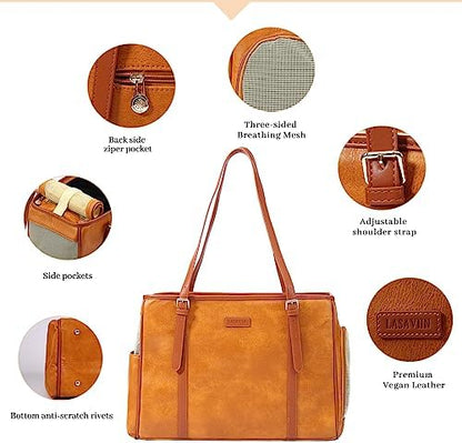 Lasaviin Fashion Dog Purse Pet Carrier Leather Bag for Small Dogs Cats Puppy, Portable Tote Bag Airline Approved Soft-Sided Carriers (Brown) - Image 4