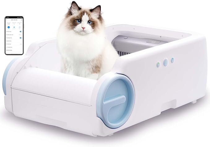 Automatic Cat Litter Box with Anti-Pinch Safety, Odor-Control Design, App Remote Control, and Open Structure for Stress-Free Use—Helps Cats Adapt Quickly (Blue)