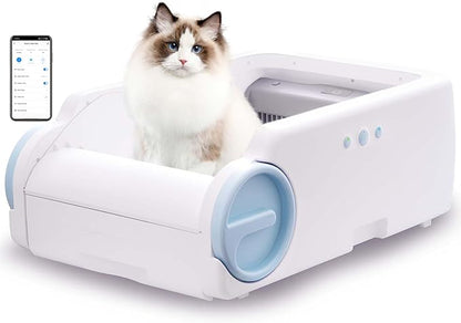 Automatic Cat Litter Box with Anti-Pinch Safety, Odor-Control Design, App Remote Control, and Open Structure for Stress-Free Use—Helps Cats Adapt Quickly (Blue)