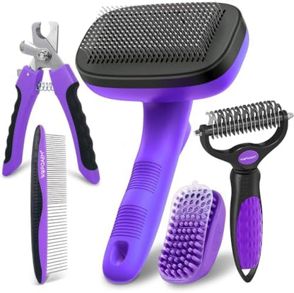 5 PCS Cat & Dog Grooming Kit Brush, Self-Cleaning Slicker Hair Brush, Nail Clipper, Undercoat Rake, Pet Bath Brush with Removable Screen,Pet Comb for Short & Long Haired Dogs Cats, Purple by WOPQAEM%C2%AE