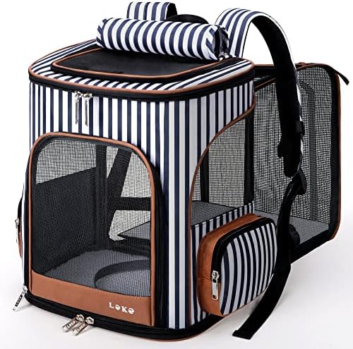 Lekereise Large Cat Backpack Carrier Expandable Pet Carrier Backpack for Small Dogs Medium Cats Fit Up to 18 Lbs, Foldable Puppy Backpack Carrier for Travel, Hiking, Striped by Lekereise