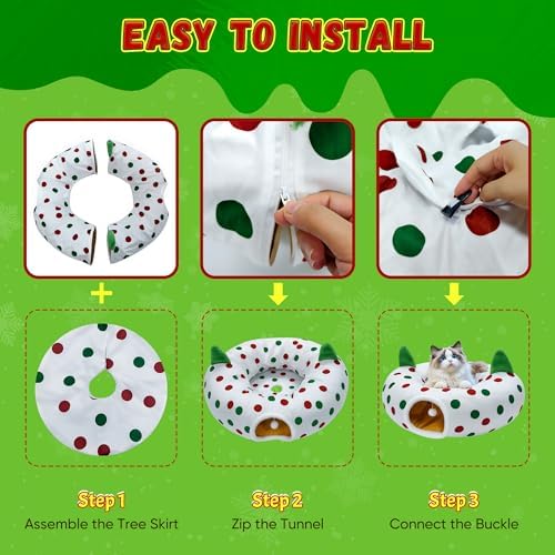 Cat Tunnel Christmas Tree Skirt, 3ft x 3ft x 9.8in Cat Tunnels for Indoor Cats, Red and Green Dot Cat Donut Tunnel with Hanging Ball and Cat Ears, Kitten Toys for Indoor Kittens Puppy Rabbit - Image 5