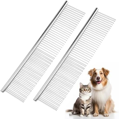 PETTOM 2Pcs Stainless Steel Dog Comb, Round Tooth Cat Comb with 2 Tooth Widths, Metal Combs for Removing Knots and Tangles, Grooming Tool for Long and Short Hair Pets, 7.5 IN Silver by PETTOM