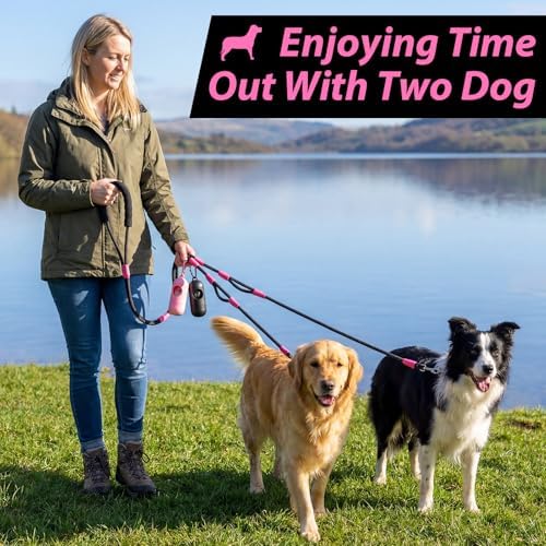Thinkday Double Dog Leash for 2 Dogs, 5.9 ft No Tangle Dual Dog Leash with 2 Waste Bags, Hands Free Adjustable Crossbody Rope with Padded Handles, No Pull Lead for Small Medium Large Breeds - Image 4