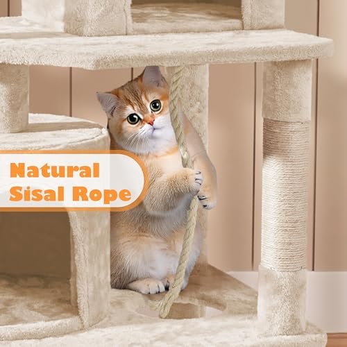 Yaheetech Cat Tower, 70.5in Cat Tree for Indoor Cats, Multi-Level Climbing Tree w/Condo & Plush Perches, Large Cat Play House Scratching Post for Kitten Beige - Image 6