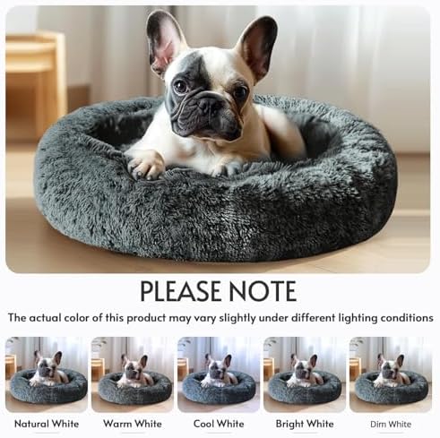 JOLLYVOGUE Calming Dog Bed Medium Size Dog, Anti-Anxiety Donut Medium Pet Bed, 27 inches Fluffy Faux Fur Round Cat Bed (Navy Grey) - Image 7