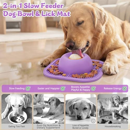 Slow Feeder Dog Bowls & Lick Mat for Liquid and Thick Treat, Anti-Slip Dog Lick Bowl with Interactive Rolling Ball, 5/6 Cup Pup Licking Toy for Large Medium Small Dogs and Cats-Large Purple - Image 2