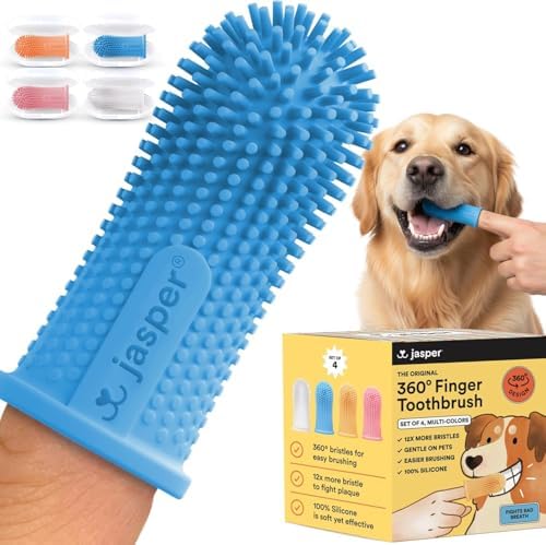 Jasper Dog Toothbrush, 360° Finger Toothbrush for Dogs, Multicolor 4-Pack by OralWellnessforPets