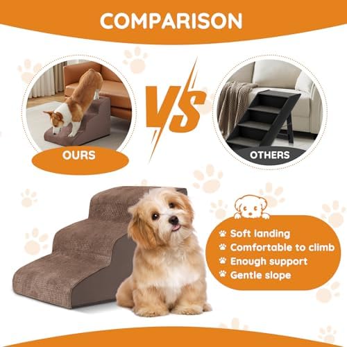 Ahpmeoa Dog Stairs for Small Dogs 15.7" H, Dog Ramp for Bed, 3-Step, Coffee - Image 4