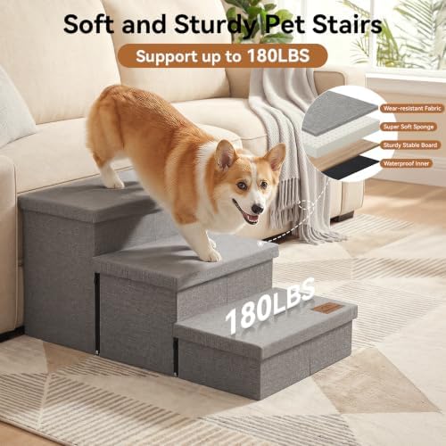 Zerbuger Dog Stairs with Storage, Small Grey 3 Steps Dog Ramp no Condo - Image 5