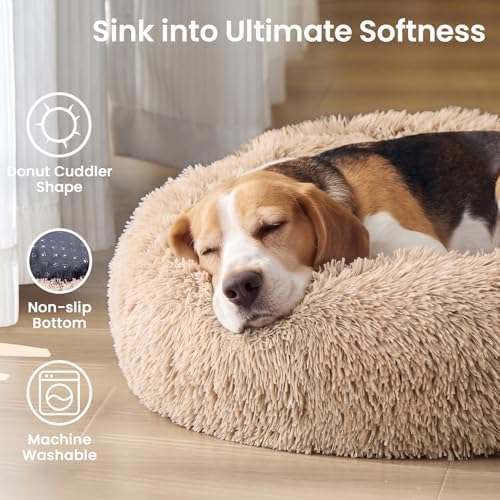 JOLLYVOGUE Calming Dog Beds Extra Large Sized Dog, 45in Donut Washable Large Pet Bed, Anti-Slip & Anti-Anxiety Fluffy Faux Fur Round Dogs Bed, Fits up to 125 lbs Pets (Camel) - Image 2