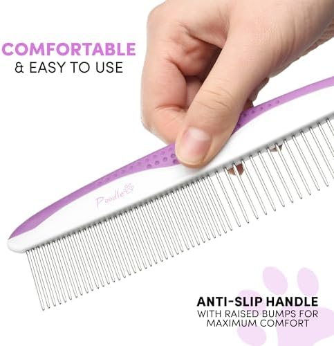 Poodle Pet Dog Combs for Grooming | 2 Pack | Stainless Steel Teeth Easily Remove Dirt | Proper Care Prevents Knots and Mats for Long and Short Haired Pets | Anti-Slip Comfort Grip Handle (Purple) - Image 4
