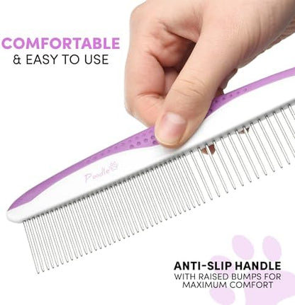 Poodle Pet Dog Combs for Grooming | 2 Pack | Stainless Steel Teeth Easily Remove Dirt | Proper Care Prevents Knots and Mats for Long and Short Haired Pets | Anti-Slip Comfort Grip Handle (Purple) - Image 4