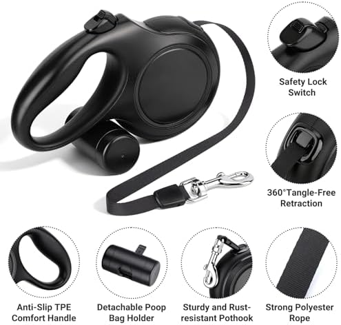 Segarty 16 Ft Retractable Dog Leash with Detachable Poop Bag Holder, 5m Walking Leash for Pets up to 66 Lbs, 360°Tangle-Free Black Dog Lead with Anti-Slip Handle & One-Handed Brake Pause Lock for Dogs - Image 3