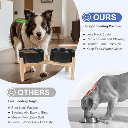 SPUNKYJUNKY Elevated Dog Bowls Ceramic, 7.3'' Dogs Food Water Bowls Raised with Non-Slip Bamboo Stand for Medium to Large Sized Breed Microwave Dishwasher Safe - 42 OZ,Black - Image 3