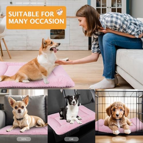 Reversible Dog Bed Mat with Plush and Corn Velvet,Soft Warm Pet Cushion, Dual Purpose Washable Sleeping Mattress Bed for Small Medium Large Dog and Cat XB004 (36"x23", Pink) - Image 2