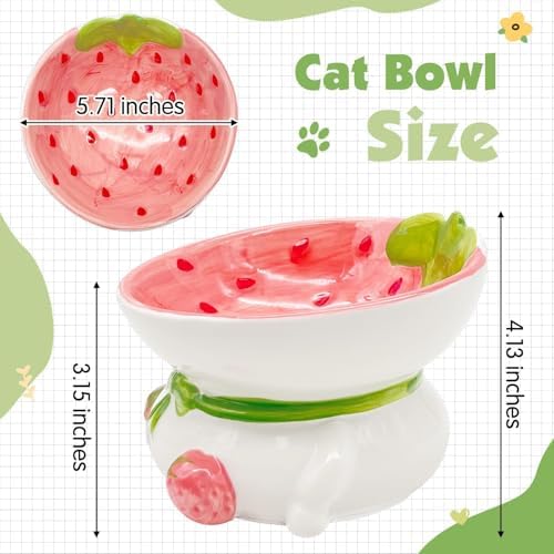 kathson Ceramic Raised Cat Bowl, 15° Tilted Elevated Cat Food Bowl, Raised Cat Food Bowls Anti Vomiting, Small Cat Feeding Bowlswith Stand for Protecting Spine, Strawberry Shaped Cute Kitten Bowl - Image 2