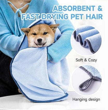 Dog Towels for Drying Dogs Small Medium Large, 2 Pack Dog Cat Drying Bath Towel 30.3"x13.8" with Hand Pocket,Absorbent Pet Towel for Dog Cat Blue - Image 2