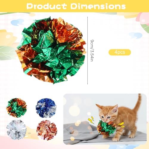 Crinkle Balls Cat Toys, 4 Pcs 3.54 Inch Cat Toys for Indoor Cats, Shiny Mylar Colorful Cats Pounce Chase Toy Attract Kitten to Swat, Interactive Toy for Kittens to Kill Time and Keep Fit - Image 2