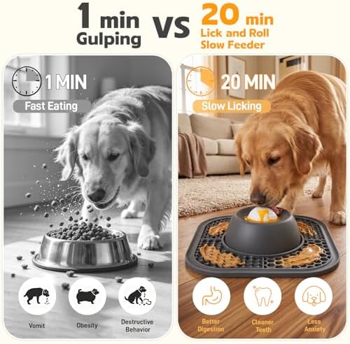 Lick Mat Slow Feeder Dog Bowls with Rolling Ball for Liquid and Thick Treat,Anti-Slip 5/6 Cup Pet Licking Toy for Large Medium Small Dogs and Cats - Image 2