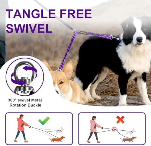 MingXpet 2 Dog Leash, Dog Leash for 2 Dogs, 360° Swivel No Tangle Double Walking Training Leashes for Large Dogs that Pull, Comfortable Shock Absorbing Reflective Bungee, Purple - Image 4