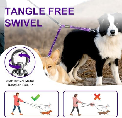 MingXpet 2 Dog Leash, Dog Leash for 2 Dogs, 360° Swivel No Tangle Double Walking Training Leashes for Large Dogs that Pull, Comfortable Shock Absorbing Reflective Bungee, Purple - Image 4