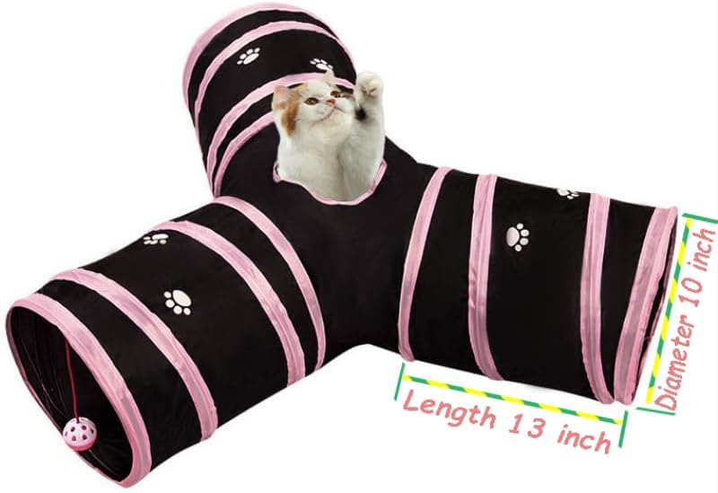 Rabbit Tunnels & Tubes Collapsible 3 Way Black with Pink Paws, Play Tunnel Tube Toy with Hanging Ball for Kitten, Puppy, Bunny, Ferret, Interactive Toys for Fun Playtime & Exercise - Image 3