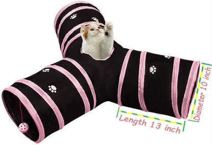 Rabbit Tunnels & Tubes Collapsible 3 Way Black with Pink Paws, Play Tunnel Tube Toy with Hanging Ball for Kitten, Puppy, Bunny, Ferret, Interactive Toys for Fun Playtime & Exercise - Image 3
