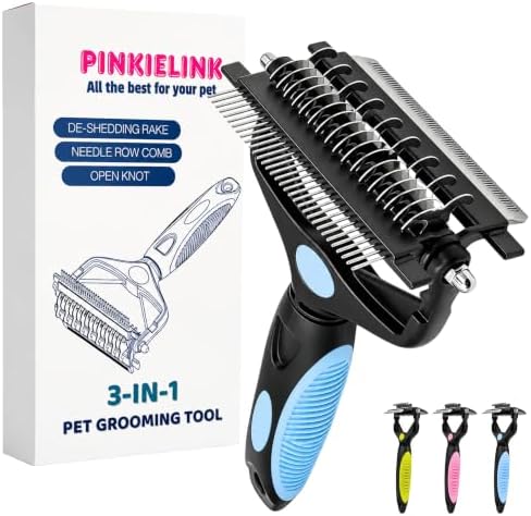 3-IN-1 Pet Grooming Tool - Undercoat Rake, Dematting Comb & Deshedding Brush for Cats, Dogs, Horses - Removes Mats, Tangles & Loose Fur, Reduces Shedding & Prevents Hair Mess (Blue) by PINKIELINK