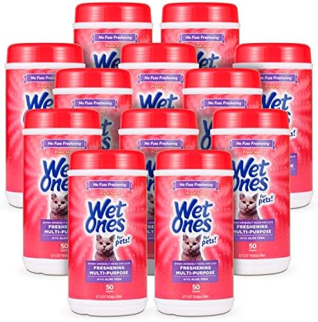 Wet Ones for Cats Freshening Wipes with Aloe Vera, Fresh, 50 Ct, 12-Pk | Multi-purpose grooming wipes remove dirt, odor, and dander between baths, gentle for regular use on cats by WetOnes