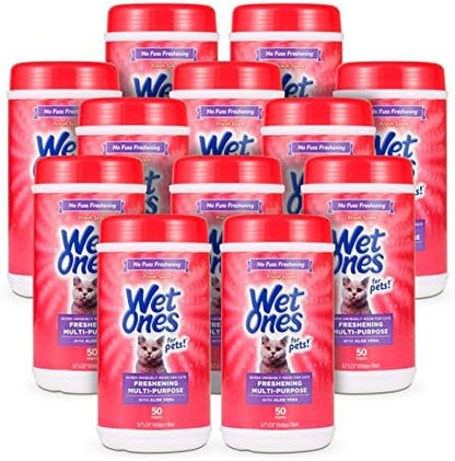 Wet Ones for Cats Freshening Wipes with Aloe Vera, Fresh, 50 Ct, 12-Pk | Multi-purpose grooming wipes remove dirt, odor, and dander between baths, gentle for regular use on cats by WetOnes