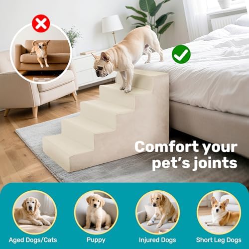 Dog Stairs for Bed, Extra Wide 5-Step Dog Steps for High Bed, High-Density Foam Pet Stairs with Non-Slip Removable Washable Cover for Small Pets, 23" H, Beige - Image 6